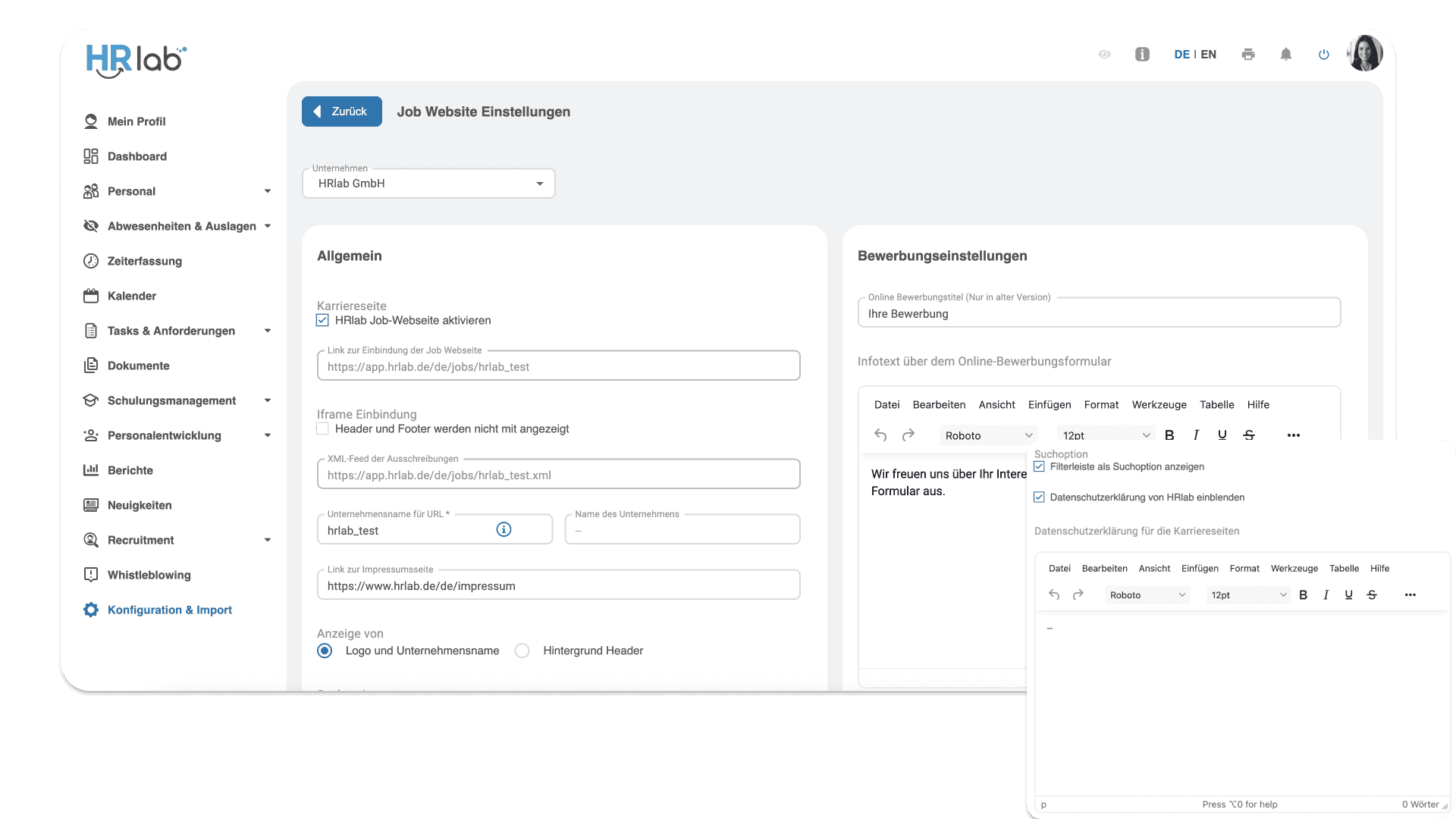 Karriereseite, Einfache Konfiguration mit HRlab