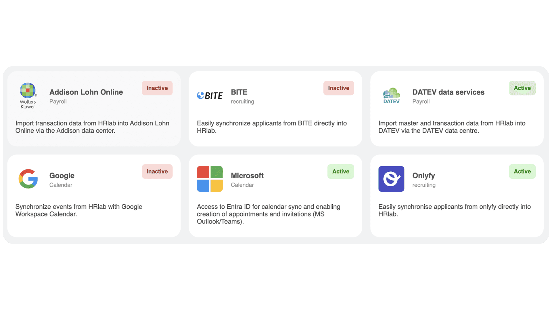 The HRlab APIs provide direct integration of your HR software with your existing systems, including payroll, accounting, applicant management, and user administration.