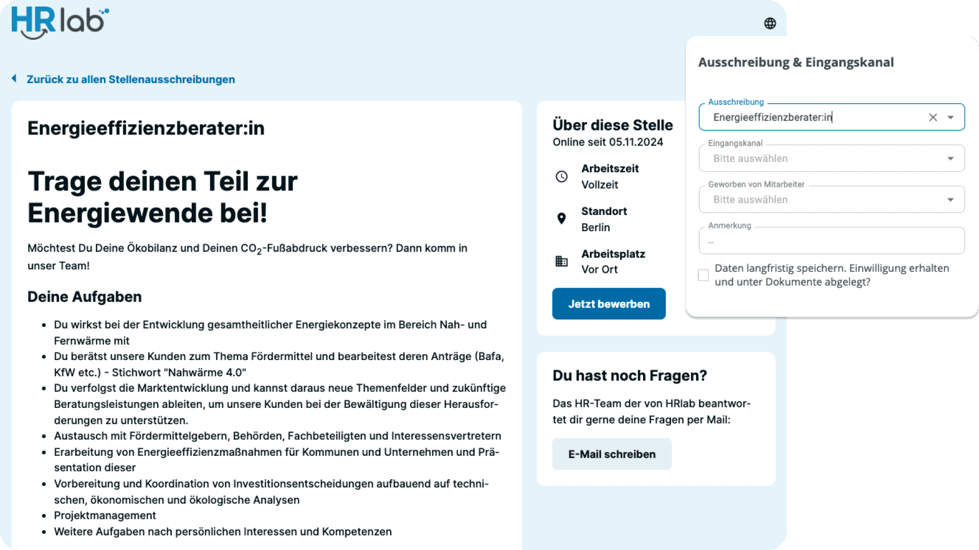 Mit HRlab können Sie eine Karriereseite auf Ihrer Website erstellen, die ein eigenes Jobportal für Ihre Stellenanzeigen bietet.