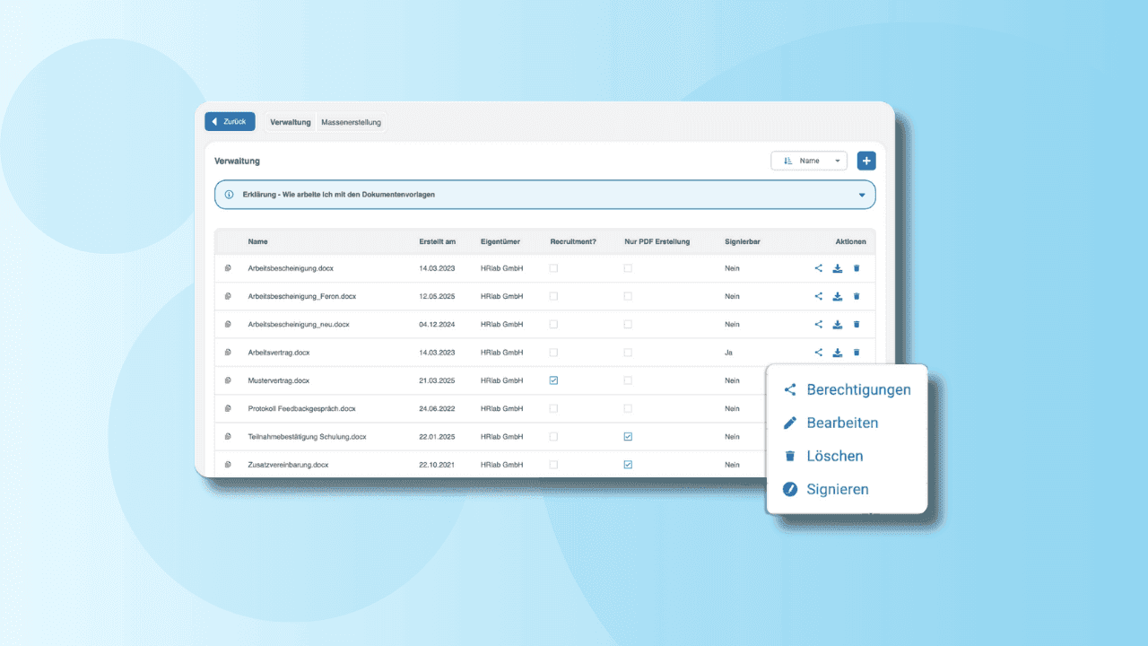 Eine HR‑Software mit Dokumentationsfunktion ermöglicht es, alle personalrelevanten Unterlagen sicher, übersichtlich und jederzeit zugänglich zu verwalten.