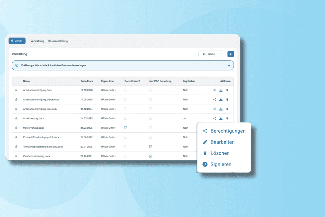 Eine HR‑Software mit Dokumentationsfunktion ermöglicht es, alle personalrelevanten Unterlagen sicher, übersichtlich und jederzeit zugänglich zu verwalten.
